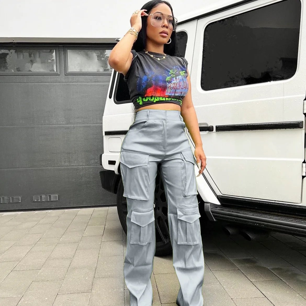 Women Trousers Summer Fashion Multi-Pocket Elastic Straight Cargo Pants Lady Streetwear Loose Solid Color Casual Wide Leg Pants