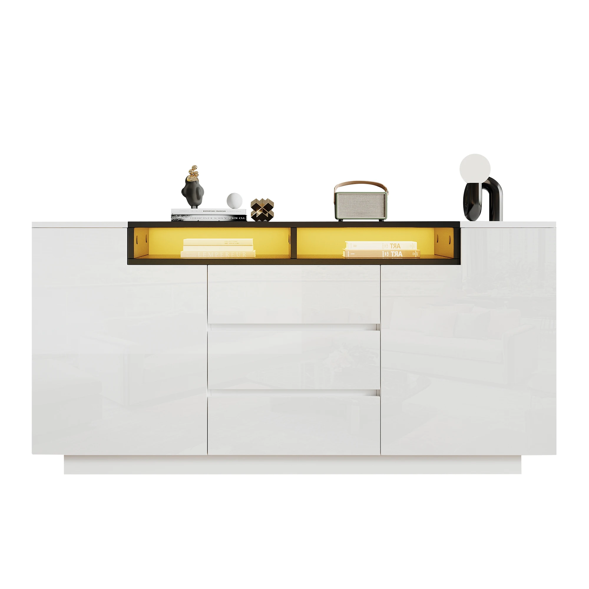 140 x 40 x 68 cm großes Wohnzimmer-Sideboard mit 2 L-förmigen Türen, Wohnzimmer-Kleiderschrank mit verstellbaren Trennwänden und LED-Leuchten – Detail 8