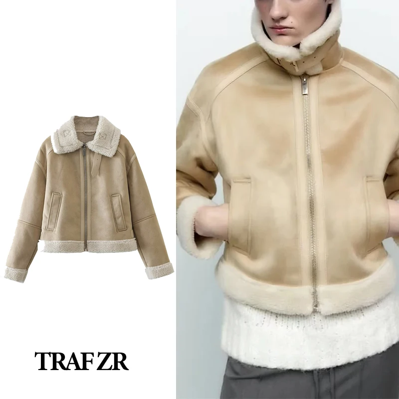 

TRAF ZR Winter Coat for Women New in Jackets Leather Suede Perfecto Leather Sheepskin Coat for Women Wool Female Coat Winter