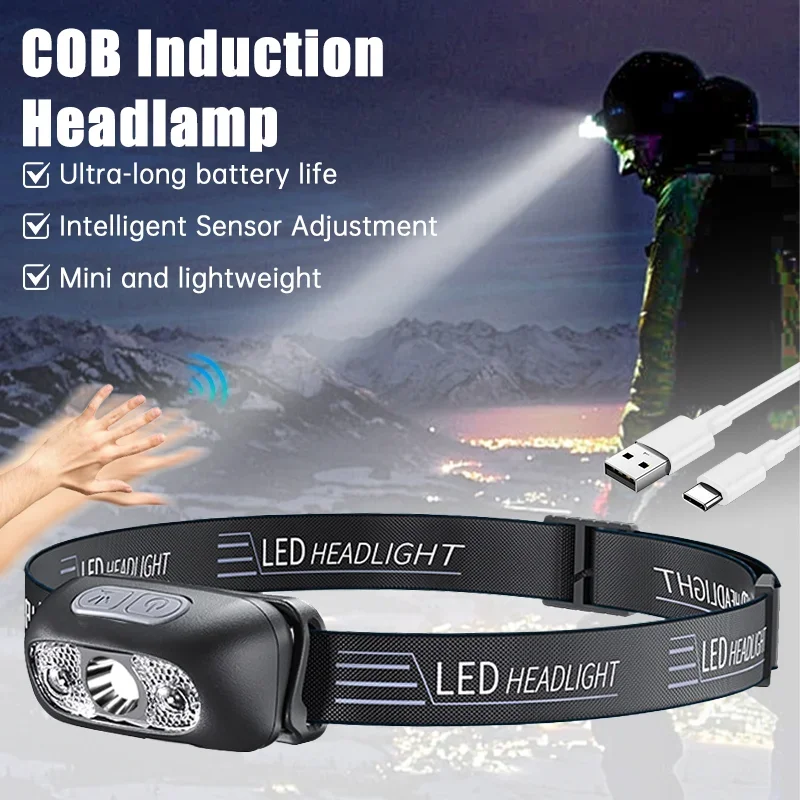 Lampe frontale LED rechargeable USB détecteur de mouvement pour pêche nocturne et camping