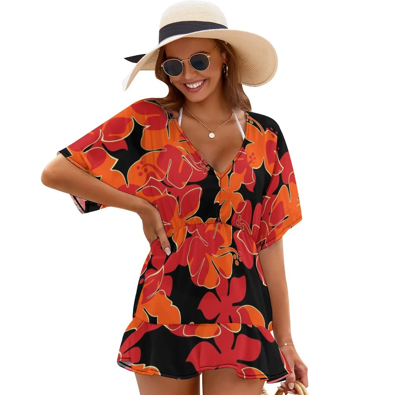 

Hanalei Hawaiian Floral Camo Aloha Shirt Print - Red, Orange & Black Cover Ups prom dresses 2024 summer dress womens 2024