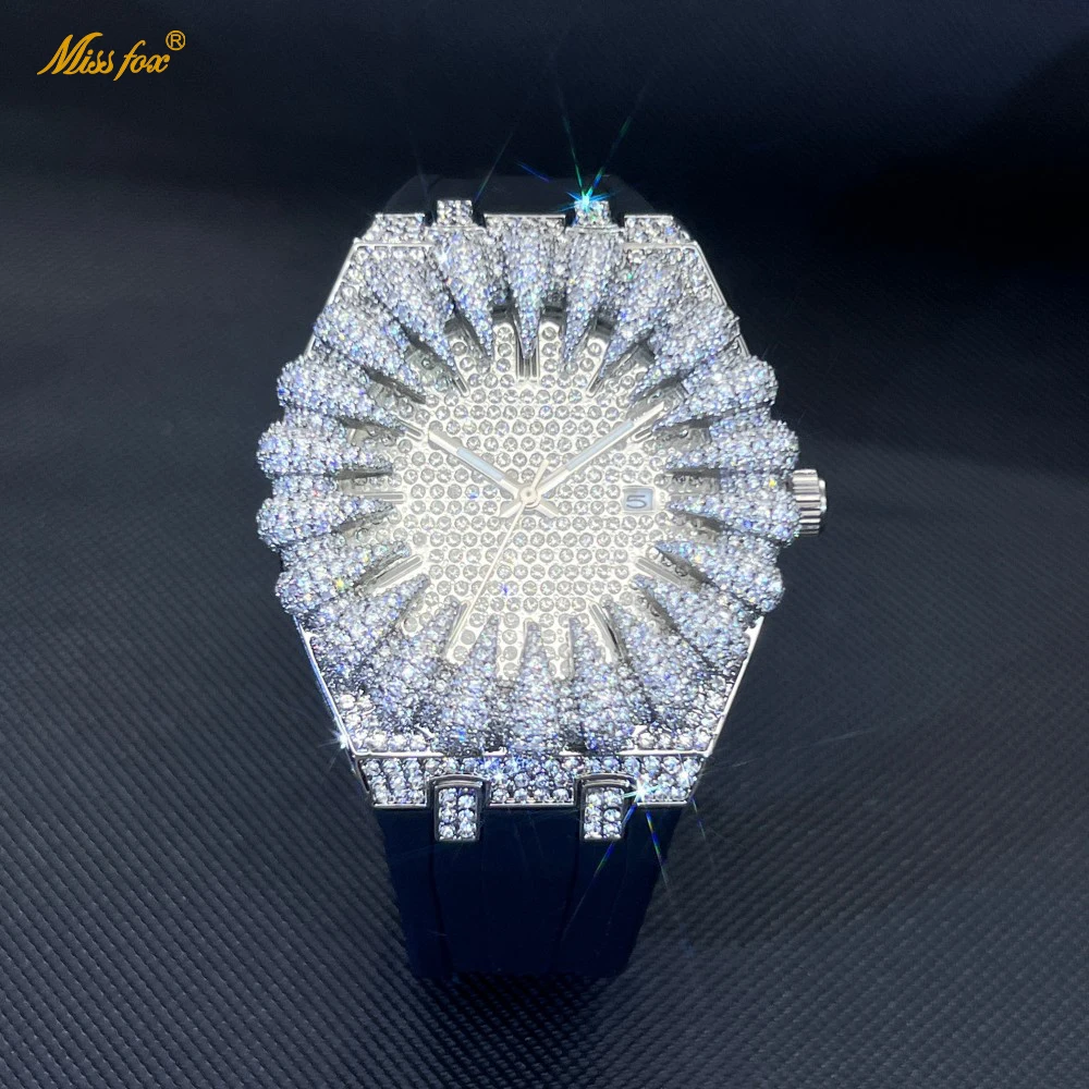 Montre à quartz pour homme Missfox Luxury Full Diamond, bracelet Thorn, style hip-hop, affichage de la date avec fonction lumineuse, montre-bracelet pour homme 1