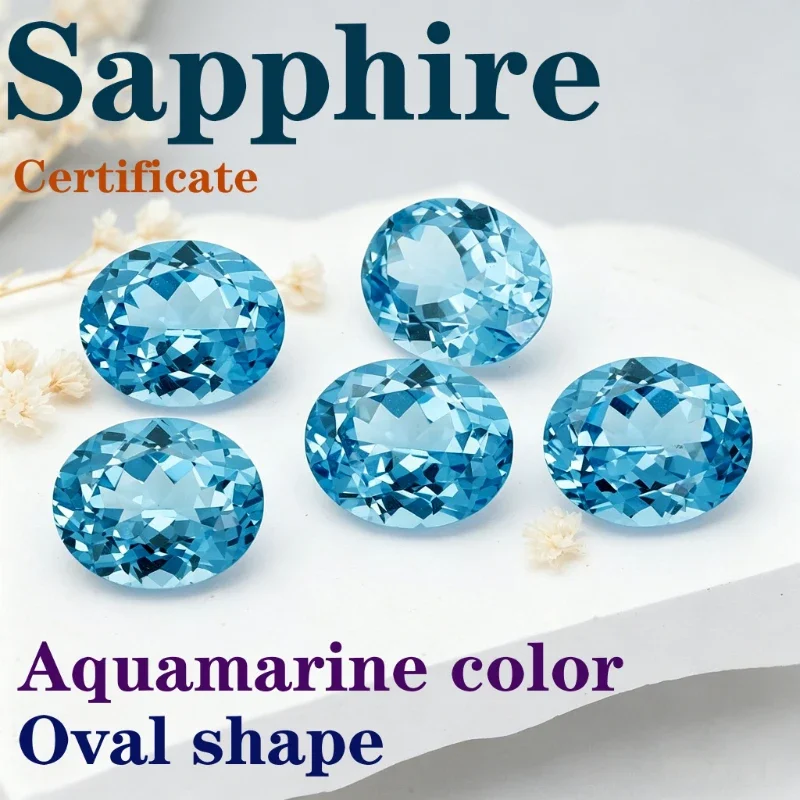Synthetischer Edelstein Saphir Ovale Form Aquamarin-Farbe Zertifiziert Handgeschliffen