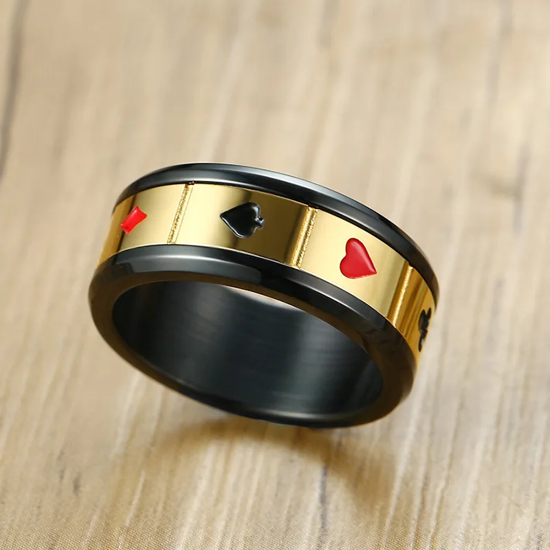 8mm Spinner Stainless Steel Ring Black Color Lucky Playing Card Poker Mens Accessories 5