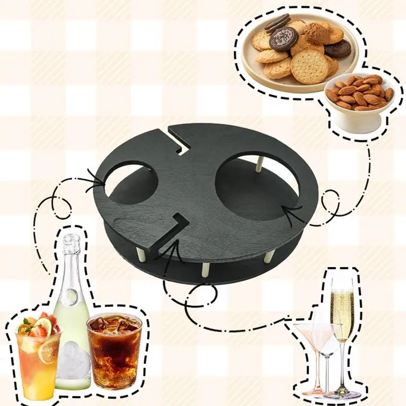 더블 레이어 나무 거치대 트레이, 소파 및 침대 컵, 거치대 영화 밤 스낵 트레이, 블랙 와인 잔 거치대