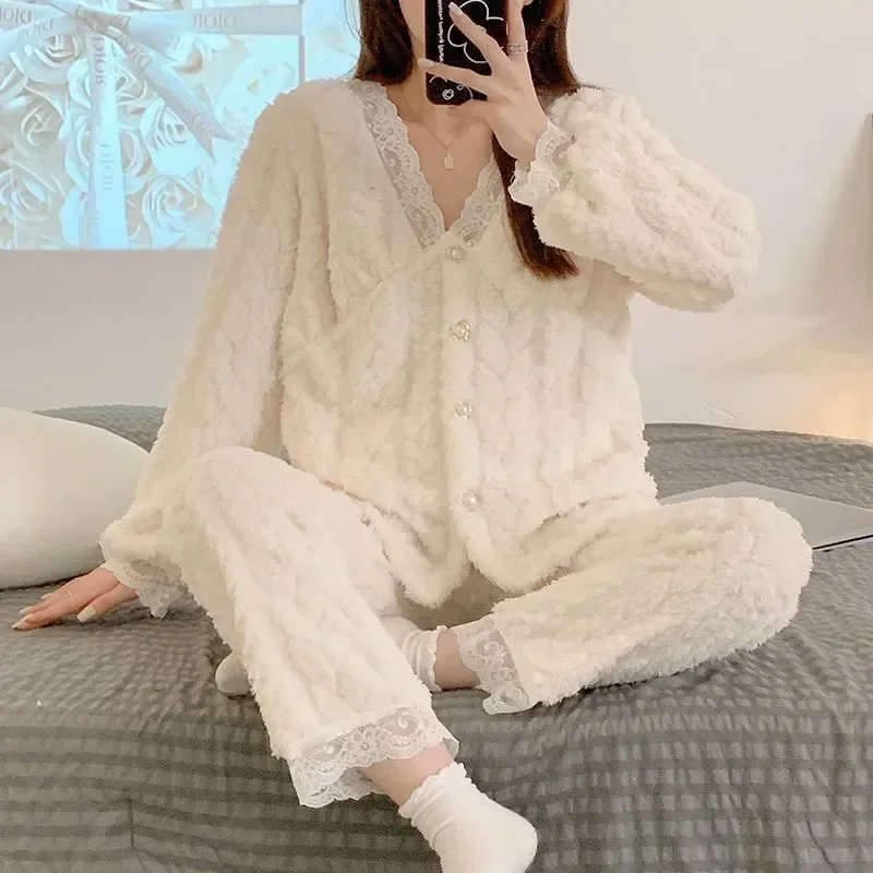 

Women White Fluffy Set Sleepwear Lace Fleece Pajamas Winter Korean Home Wear 2 2023 Cute Piece Night Warm Piiama Suit Pant Solid