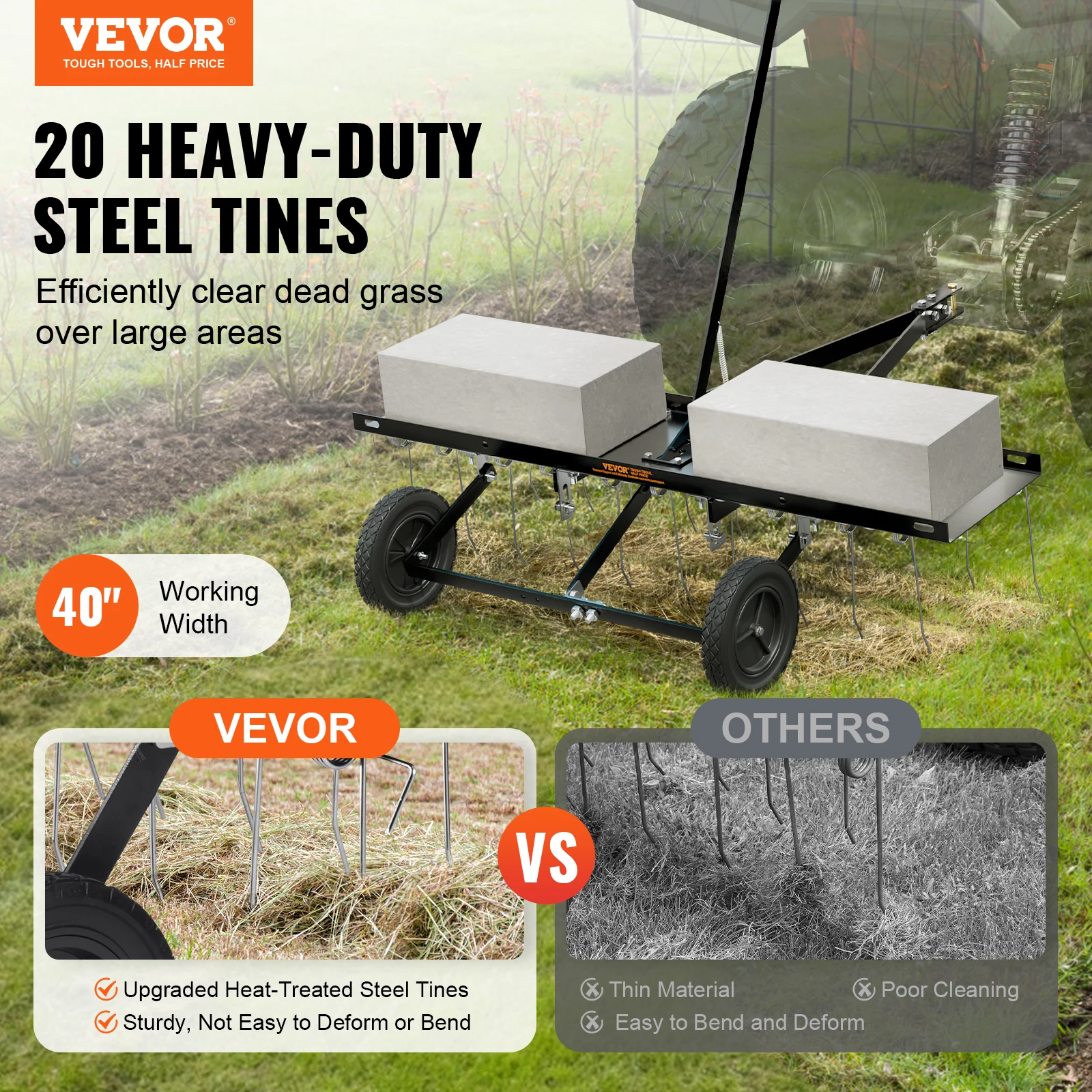 VEVOR Tow Behind Dethatcher 40in Tow Dethatcher with 20 Spring Steel Tines Lawn Dethatcher Rake for ATV or Mower Tow Behind Lawn 2