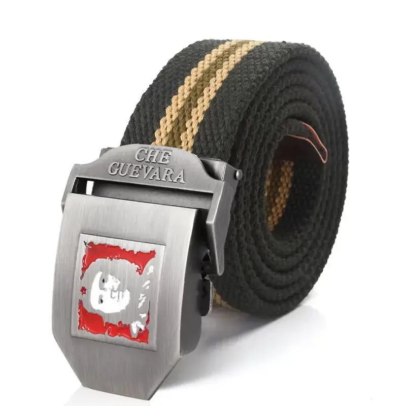 SupSindy Men Canvas Belt Che Guevara Metal Buckle Army Military Tactical Belts For Men Fashion Jeans Waistband Male Strap Black