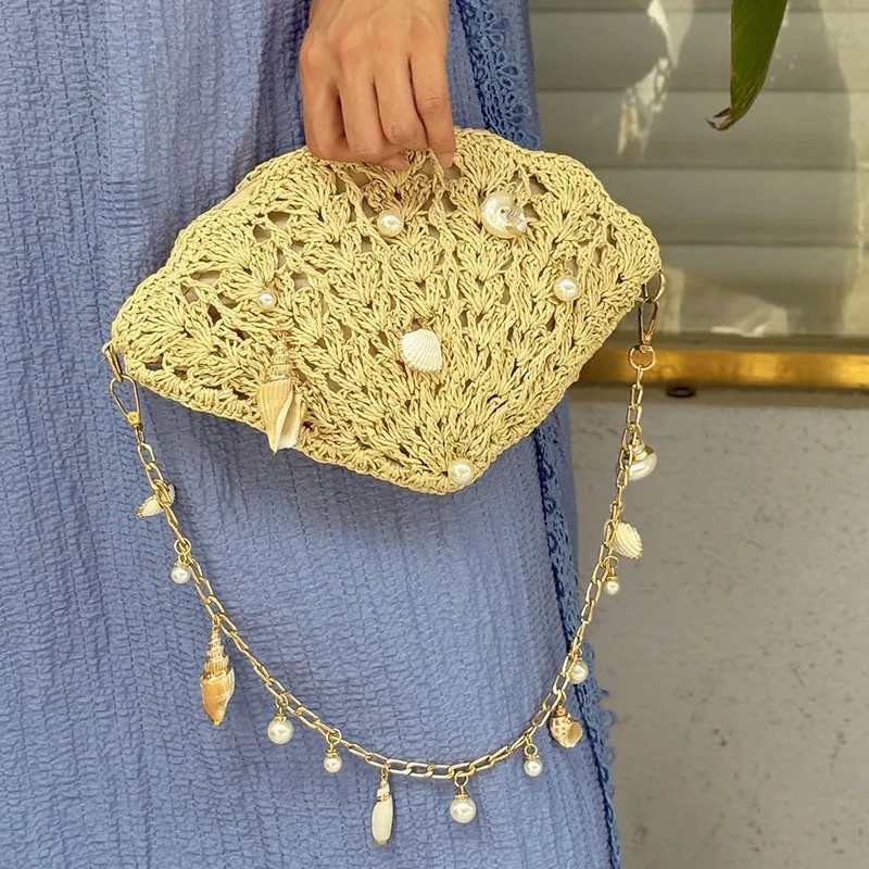 Bohemian Shell Woven Bags for Women Shoulder Bag Hollow Straw Beach Bag Funny Purses and Handbags Vacation Chains Sling Bags NEW