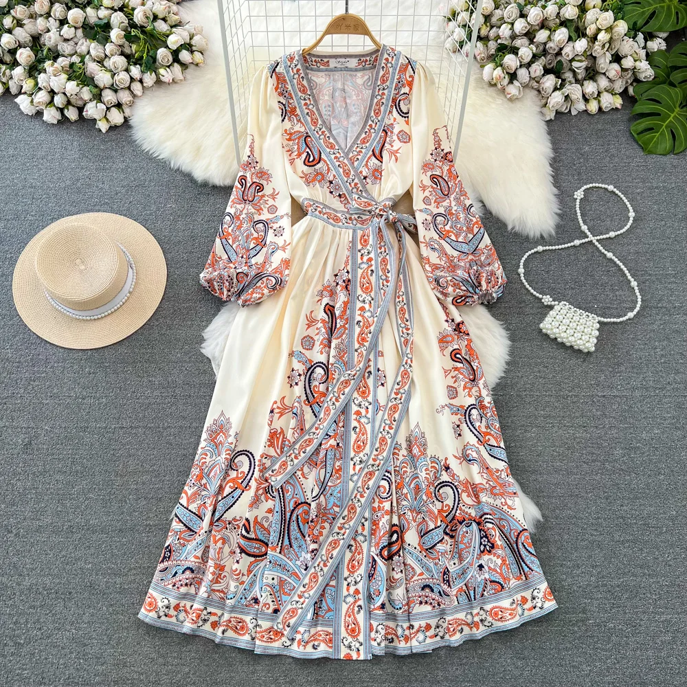 Elegant V-Neck Lantern Sleeve Women's Dress Fashion Slim Print Middle East Muslim Ladies Clothing Autumn New Simple Lace-up Robe