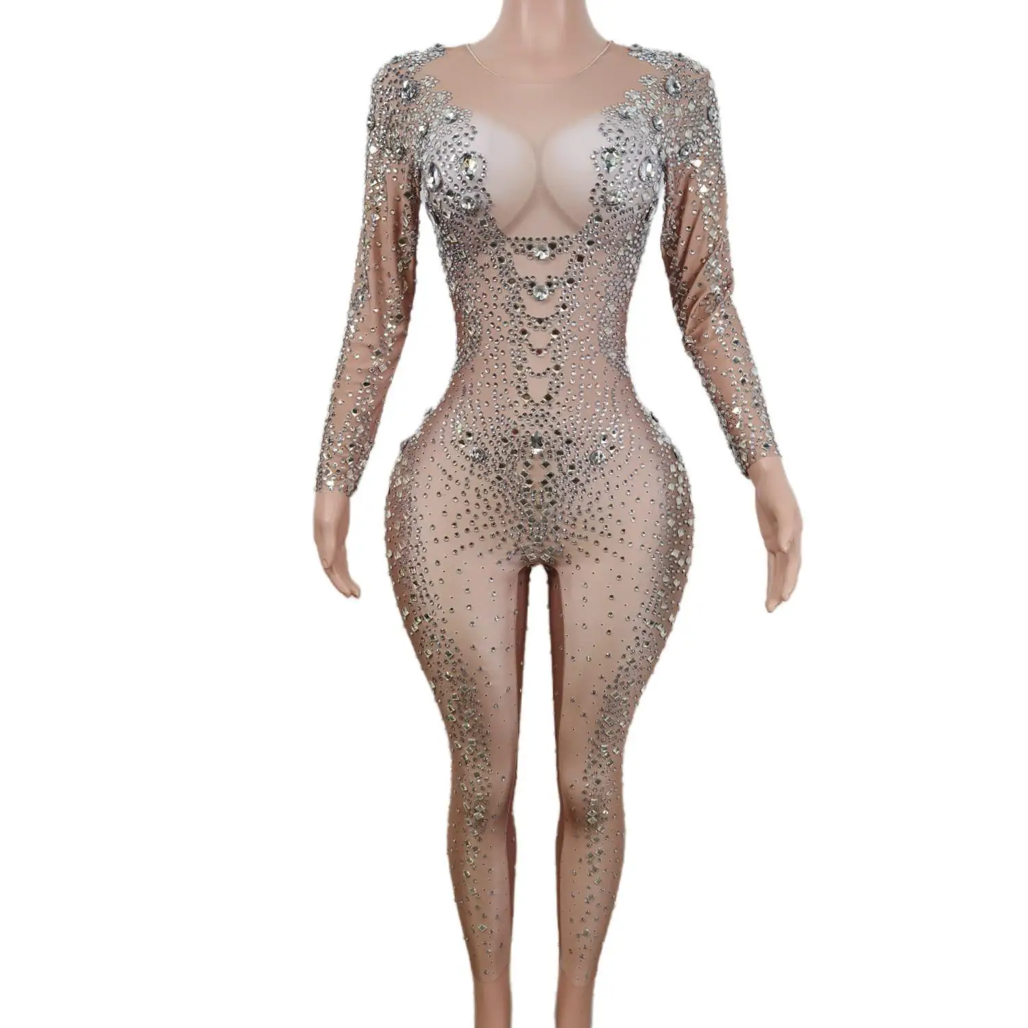 

Crystals Pole Dancing Nude Spandex Unitard Women Jumpsuits Lead Dance Women Costumes Fashion Tight Birthday Party Rompers