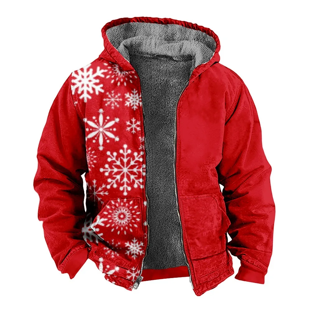New Christmas Splice Cotton Coat Hooded Sweater Casual Print Long Sleeve Zipper Sweater Thick Cotton Coat Winter
