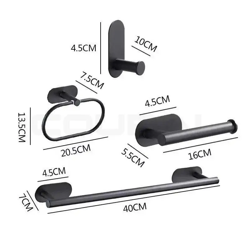 Stainless Steel No Drilling Self-Adhesive Towel Bar Paper Holder Robe Hook Towel Rack Black Silver Gold Bathroom Hardware Set