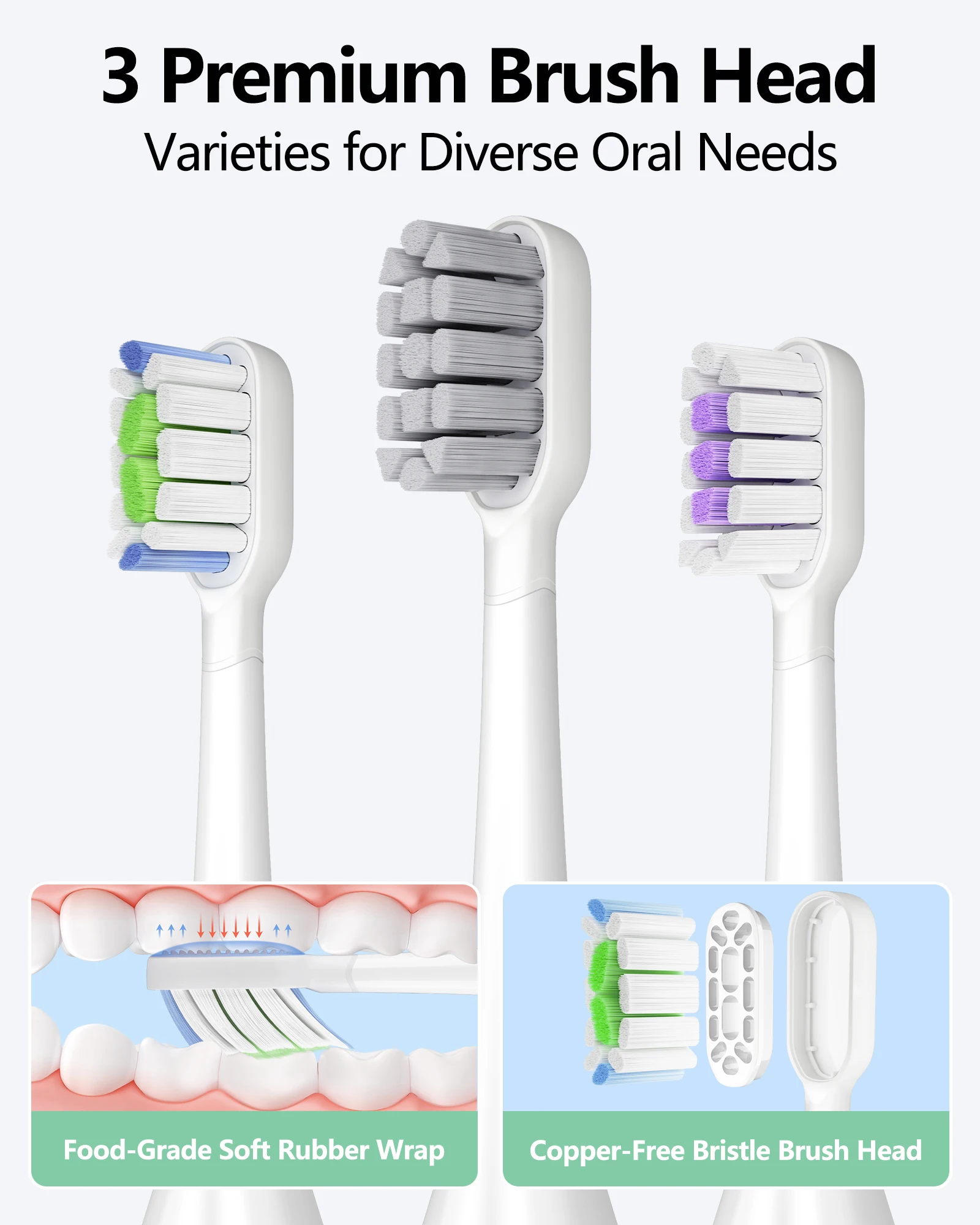 성인용 음파 전동 칫솔, 진동 및 진동 맞춤형 앱이 포함된 스마트 칫솔, 칫솔 헤드 3개, 방수