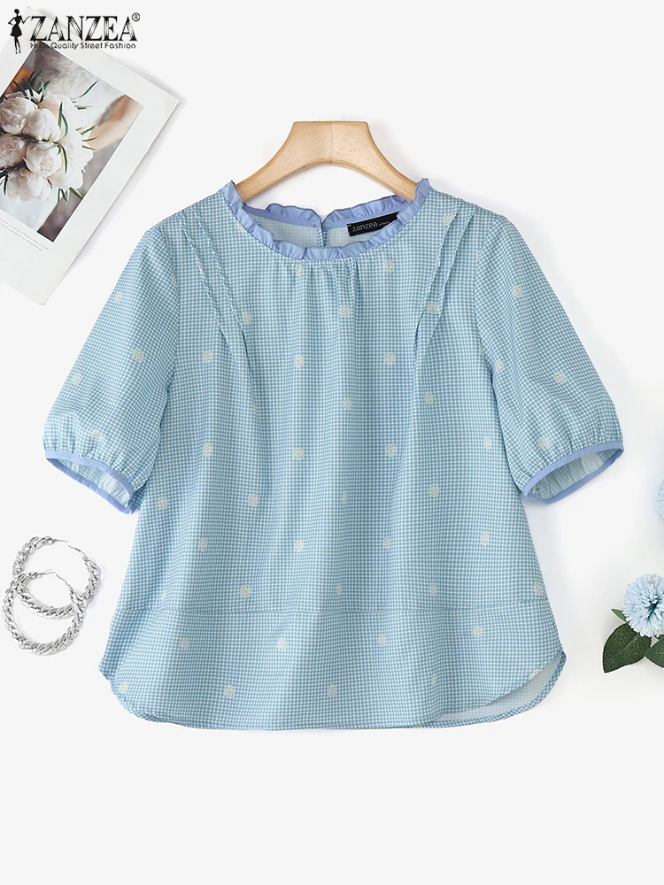 Vintage Plaid Casual Short Sleeve Women Blouse