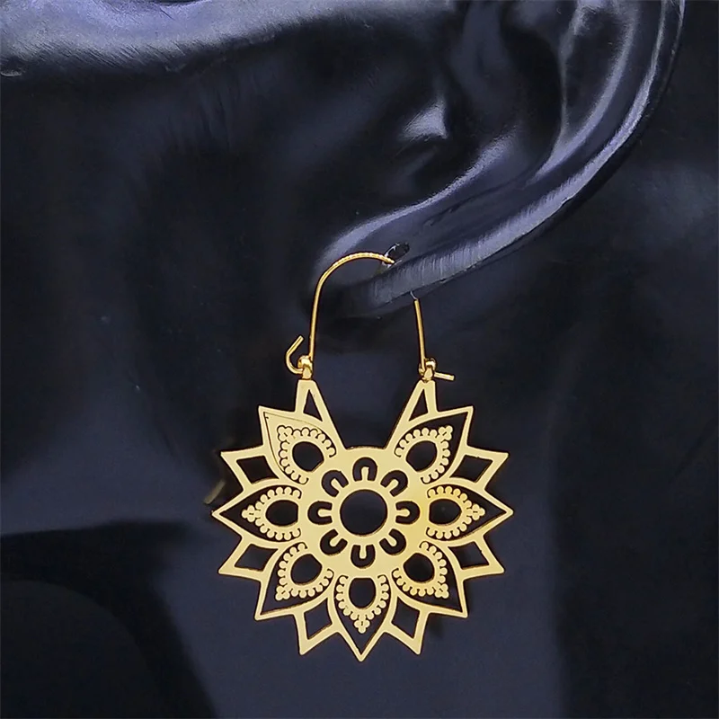 Trendy Yoga Lotus Flower Earrings Stainless Steel Gold Color Hoop Earrings for Women Jewelry boucles d'oreilles E9360S01 - Image 4