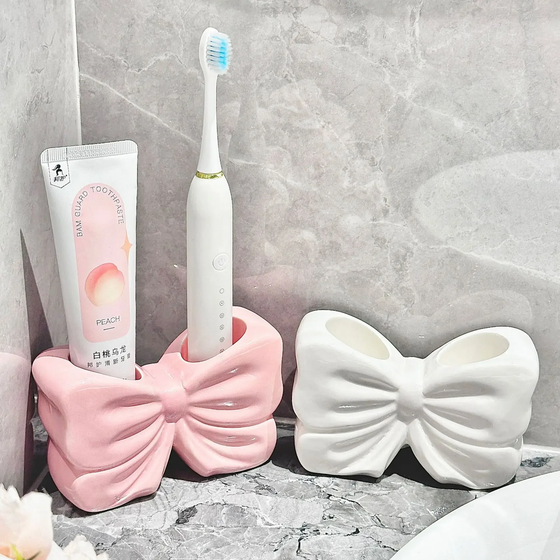 Creative Ceramic Bow Toothbrush Holder Toothpaste Storage Rack Bathroom Accessories