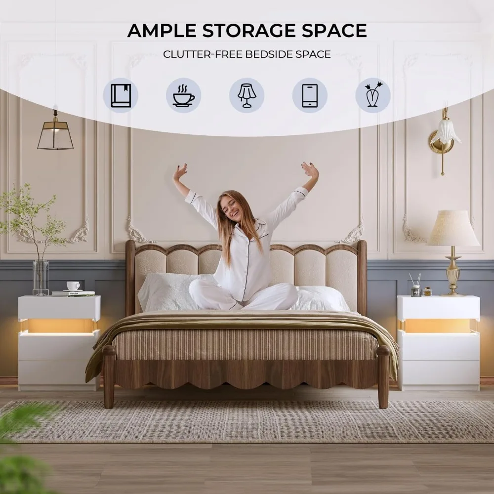 Night Stand Set 2 White Nightstand Set of 2 with 3 Drawers LED Night Stands for Bedrooms Set of 2 Modern White Night Stand