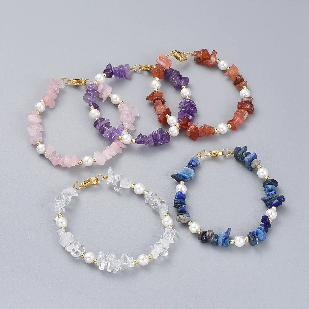 20pcs Irregular Natural Stone Beads Bracelet with Shell Pearl Beads Quartzs Crystal Amethysts Lapis Lazuli Bead Strand Bracelet