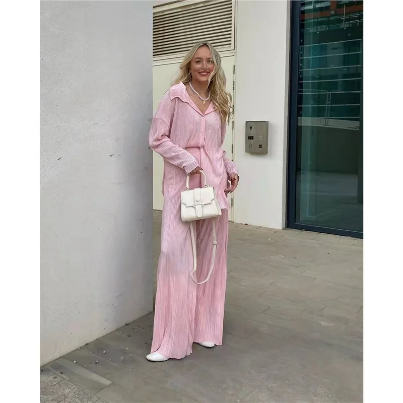 Set Women's 2 Piece Long Sleeve Button Shirt Pants Casual 2 Piece Set Women's Fitness Clothing Pleated Lounge Clothes Set
