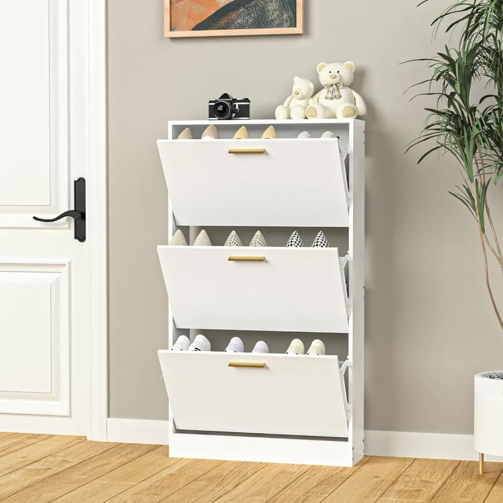 Narrow Shoe Storage Cabinet, Shoe Cabinet for Entryway with 3 Flip Drawers, Wood Hidden Storage