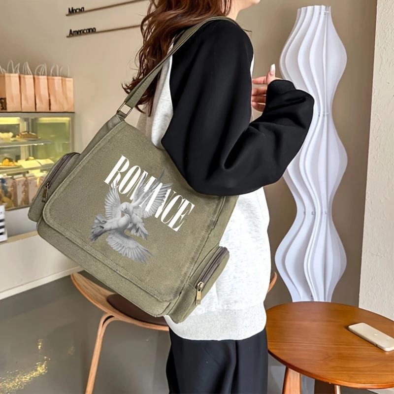 Vintage Women's Shoulder Bag Canvas Pigeon Print Crossbody Bag Large Capacity for Daily Use Messenger Bag Unisex