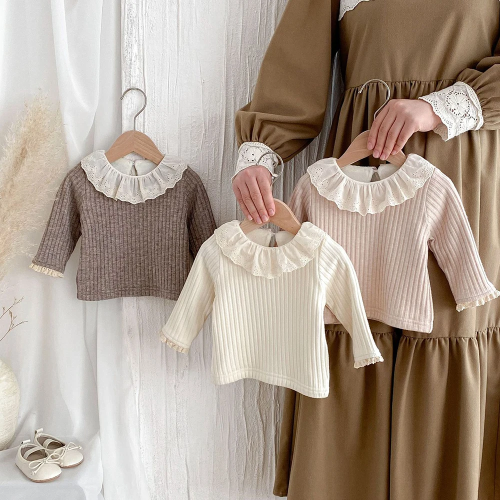 Baby Girls Thicken Fur Lining Blouse Ruffle Collar Warm Tops