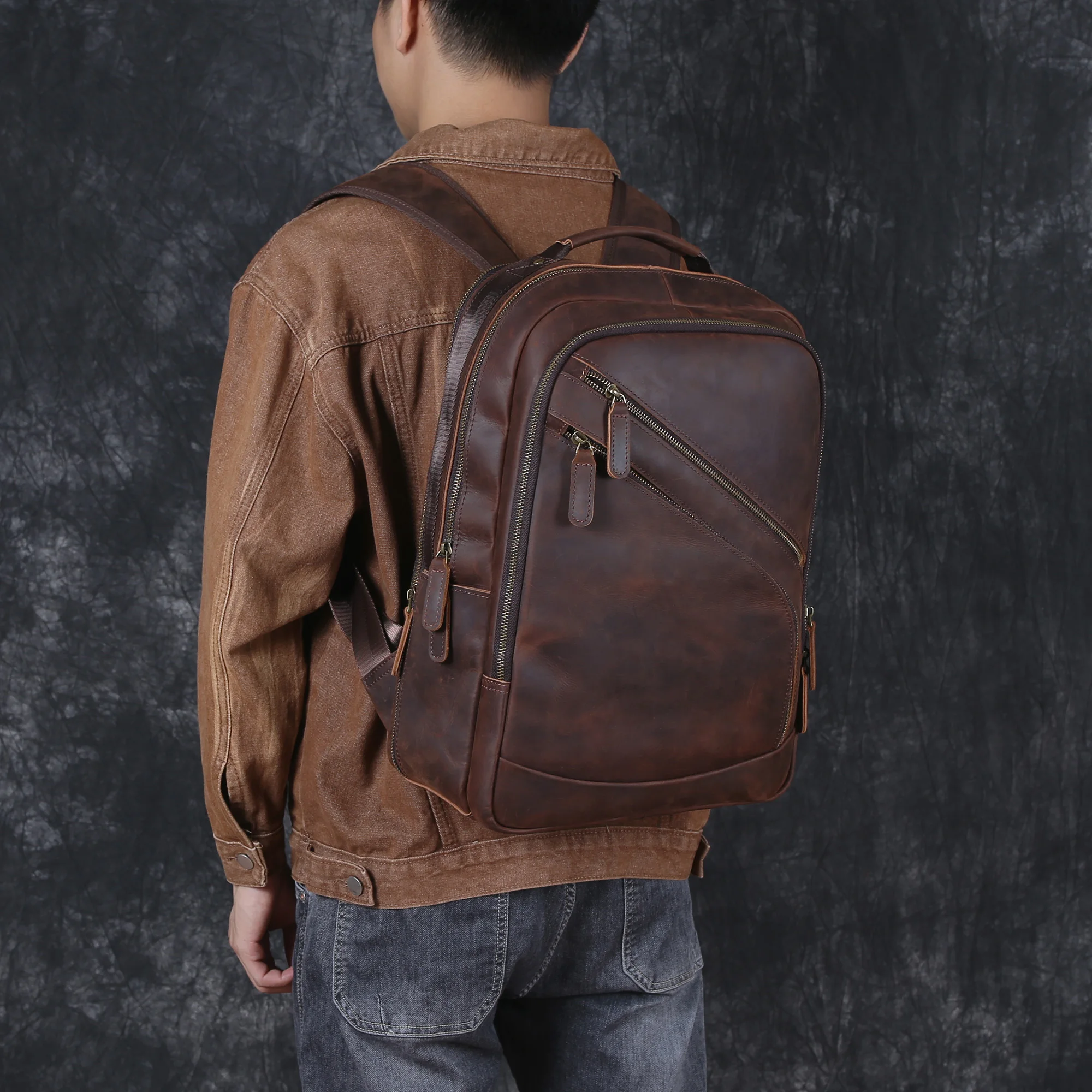 Leather Backpack Men's Backpack Top Layer Cowhide Computer Bag Large Capacity Hiking Bag Retro Travel Bag Fashion Schoolbag 4