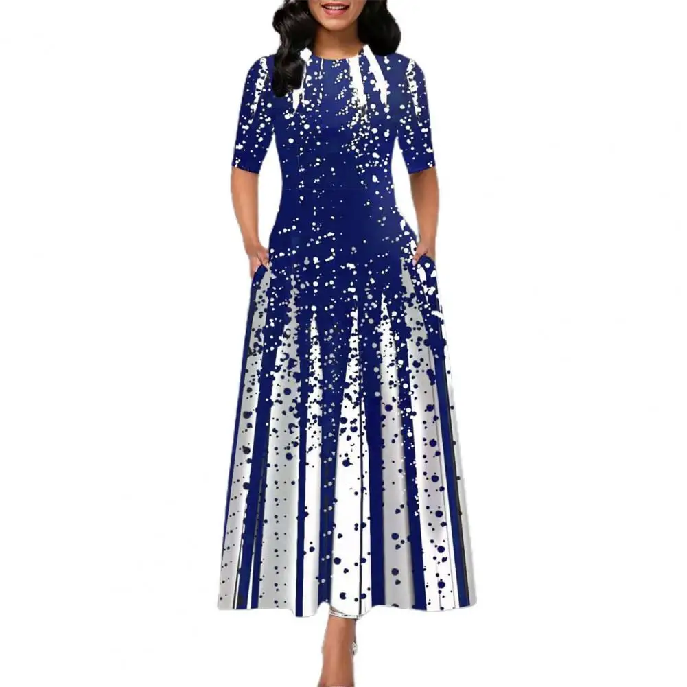 

Summer Lady Pullover Dress 2023 Dot Printing Round Neck Large Hem Dress Printing Half Sleeve Ankle-Length Dress Women