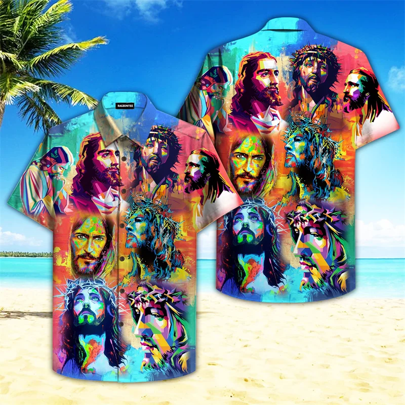 thumbnail image 1 of Jesús toma mi mano Jesús es mi salvador Camisas hawaianas para hombre y mujer Camisas playeras con cruz de león Camisas florales frescas de verano Ropa, 1 of 5