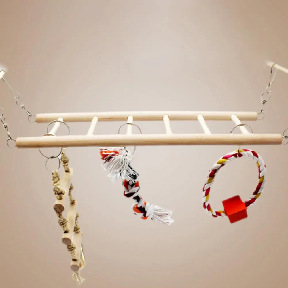 Hanging Pet Cage Wood Parrot Climbing Ladder Bridge Swing Ring Rope Knot Bird Decor Suspension Bridge Suspended Aerial Ladder