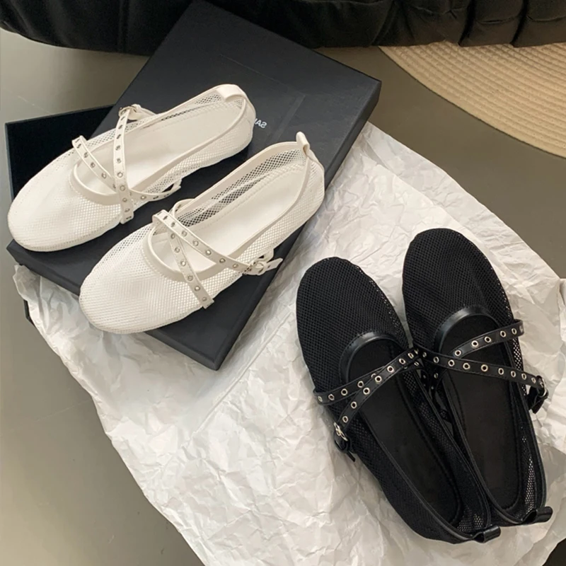 Hollow Out Mesh Ballet Flats Shoes Women Cross Buckle Strap Elegant Black Mary Janes Shoes Female Daily Casual Loafers Trend 4