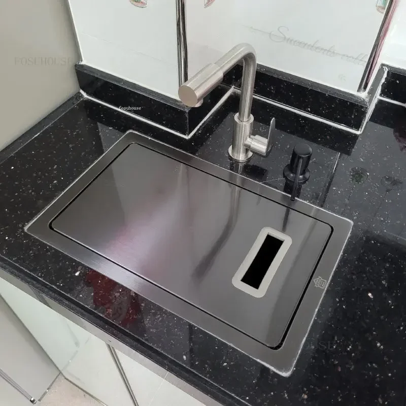 Stainless Steel Kitchen Sink Black Nano Small Single-slot Washbasin Dishwashing Island Counter Washing Sink with Cover Plate WW