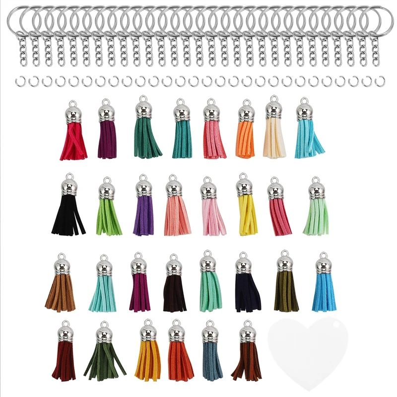 

90 шт. акриловые диски, прозрачные заготовки в форме сердца для брелоков, подвески и цветные кольца для ключей с кисточками для рукоделия, изготовление ювелирных изделий