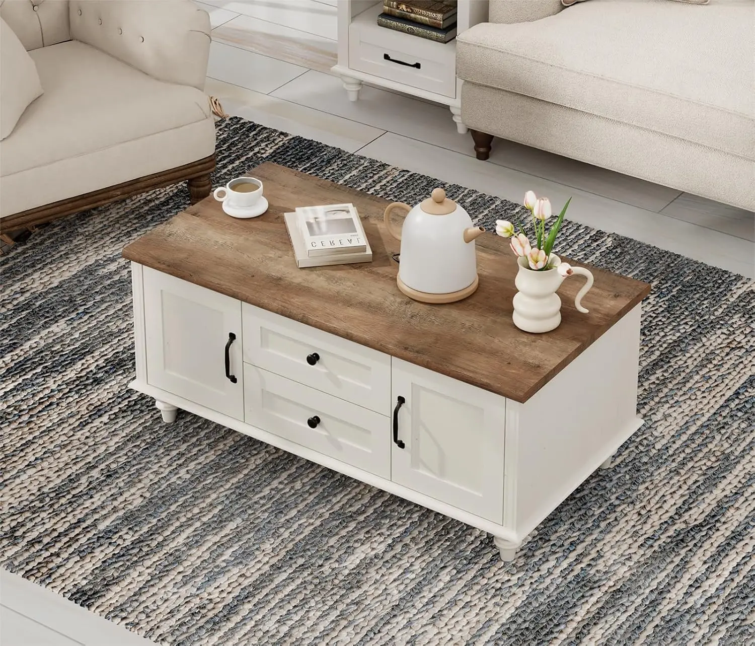 Modern Coffee Table with Storage Cabinet, White Coffee Tables for Living Room, Wood Rectangle Center Table with Drawer, White 4