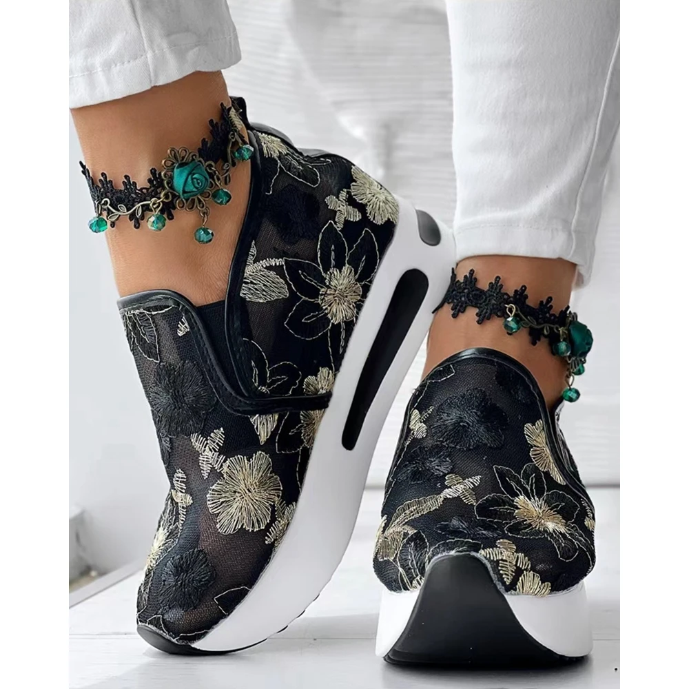 Women Going Out Floral Pattern Round Toe Mesh Sneakers Spring Fashion Casual Round Toe Platform Slip-on Shoes Flats Canvas