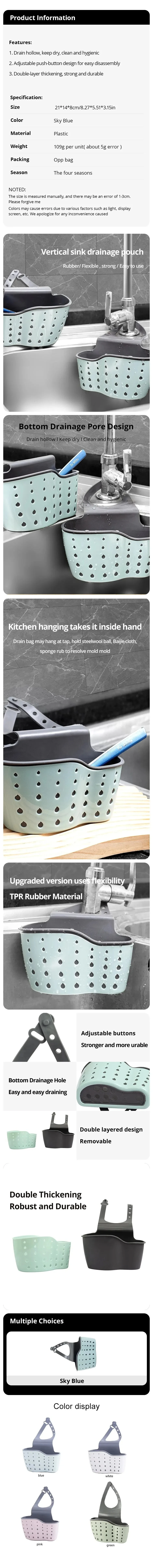 Description Picture 2 of itemKitchen Sink Shelf Organizers Double-Layer Hanging Soap Sponge Storage Holder Accessories Silicone Drain Rack Basket Supplies