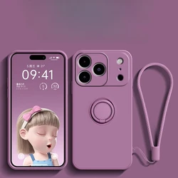 Liquid Silicone Shockproof Phone Cover with Ring Holder and Lanyard - iPhone 16 (Yinghua Purple)