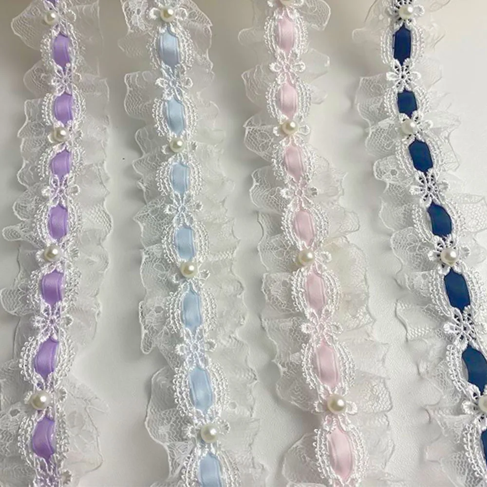 1 Yard Lolita Lace Tulle Bead Ruffled Trims Fabric Edging Satin Ribbon DIY Doll Clothing Curtain Furniture Decoration 3.5cm Wide