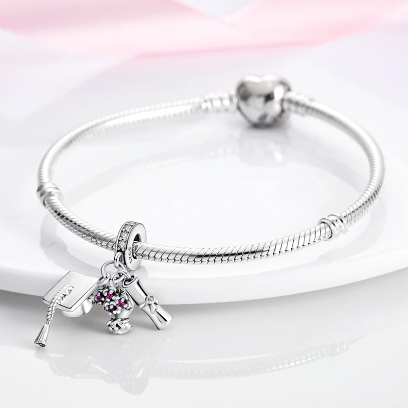 Abschlussbuch-Charm, Bachelor-Kappe, Blumen, baumelnd, 925er Silber, passend für Original-Armband, Schmuck, Abschlussgeschenk – Detail 14