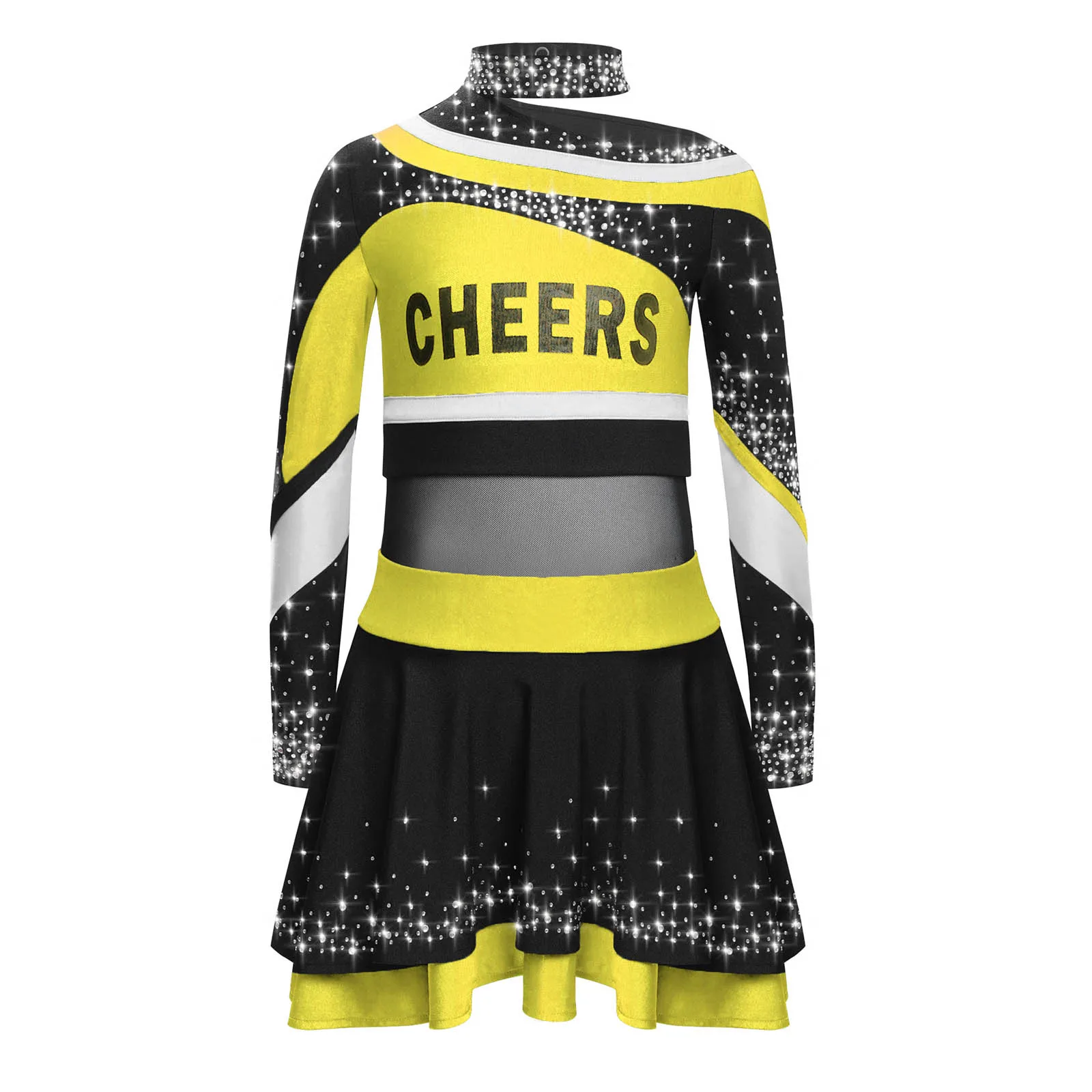 Cheerleading-Outfits für Kinder und Mädchen, Cheerleader-Tanz-Performance-Kostüm, langärmlig, mit Buchstaben-Aufdruck, glänzendes Strass-Oberteil mit Rock – Detail 15