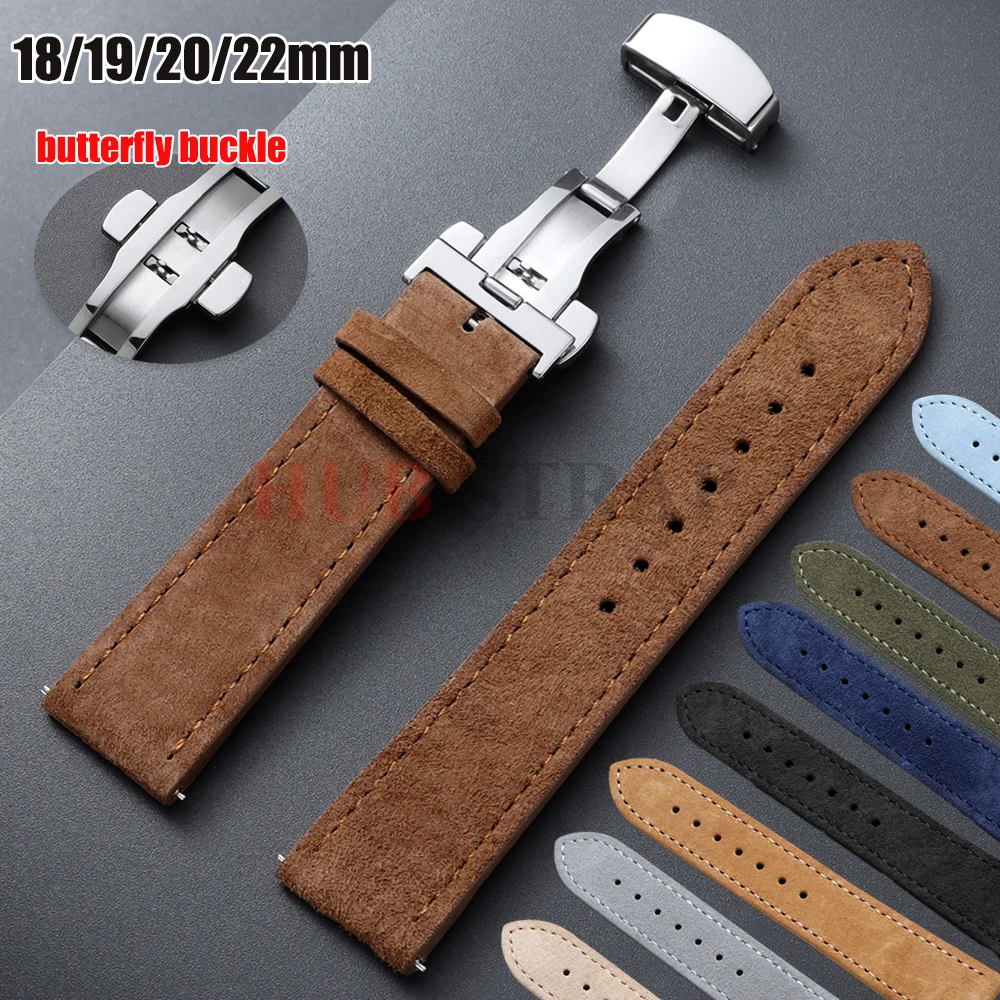 Vintage Suede Cowhide Watch Strap with Butterfly Buckle Bracelet - Sport Wristband