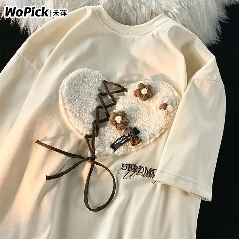 

100% Cotton American Retro Embroidered Short-Sleeved T-shirt Women's Casual Couple Versatile Loose Top