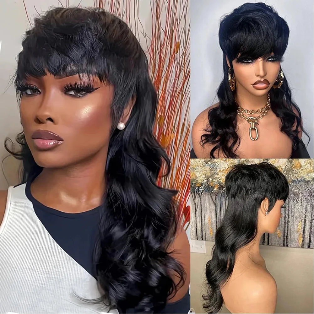 Natural Black Body Wave Full Machine Made Wigs For Black Women Glueless Dovetail Human Hair Mullet Wig Pixie Cut Glueless Wig