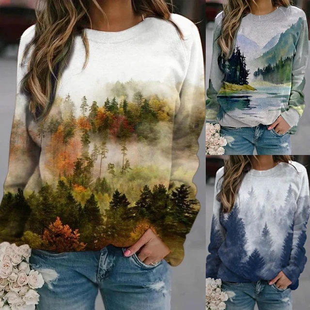 Women's Long Sleeve Flower and Landscape Print Sweatshirt Casual Fall Loose  Crewneck Pullover Tops Sweatshirts for Women Fall 