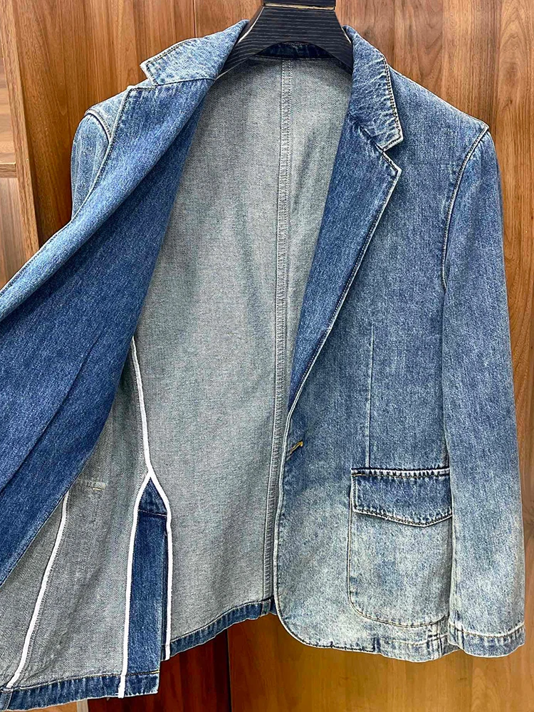 New heavy washing gradually changing color classic Xiaoping lapel collar design fashion fashion style denim single suit