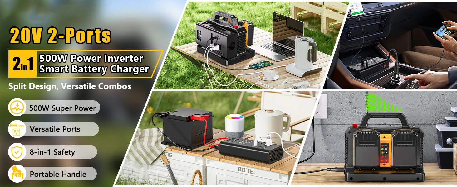 Portable Pure Sine Wave Power Inverter Battery Charger 2 in 1 for DeWalt 20V Bat
