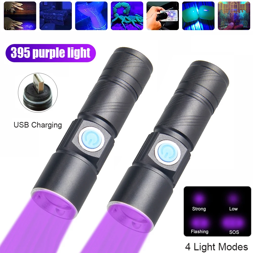 

Mini 395nm LED UV Flashlight Zoomable Ultraviolet Torch Rechargeable UV Black Light Pet Urine Stains Detector Hunting Scorpion