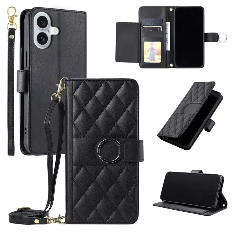 Elegant Flip Leather Wallet Card Case with Long Lanyard - Stylish Phone Cover and Coque
