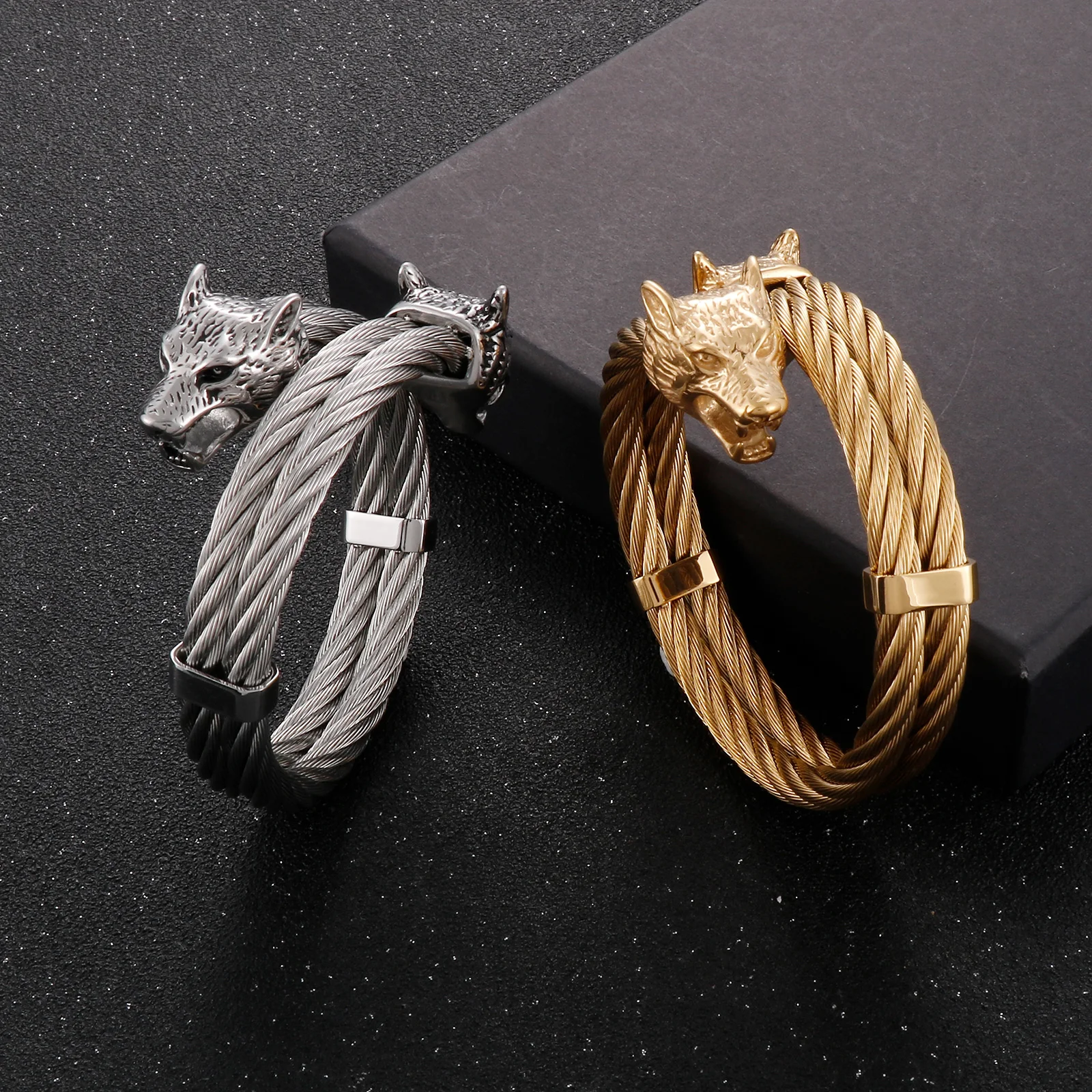 

KALEN Wolf Double Layers Braided Open Bangle for Men Four Colors Stainless Steel Wire Charm Animal Bracelet Punk Party Jewelry